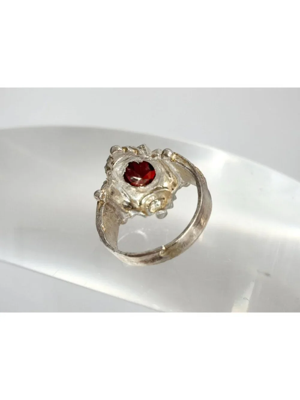 Art Deco Garnet Gemstone Geometric Sterling Silver 925 Vintage Ring - sz 8.75